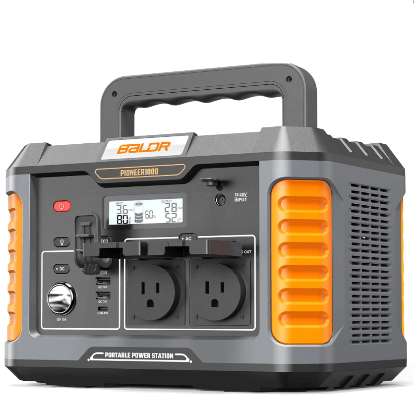 BALDR Portable Power Station, 1000W Output, 808Wh Capacity, AC Outlet, USB  Ports, Solar Charging Generator for Home Camping Emergency Use