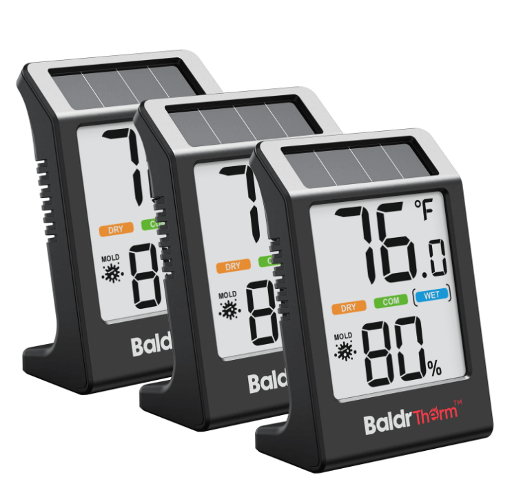 BaldrTherm Humidity Meter Hygrometer, Solar-Powered Room Thermometer 3.2, 3Pack