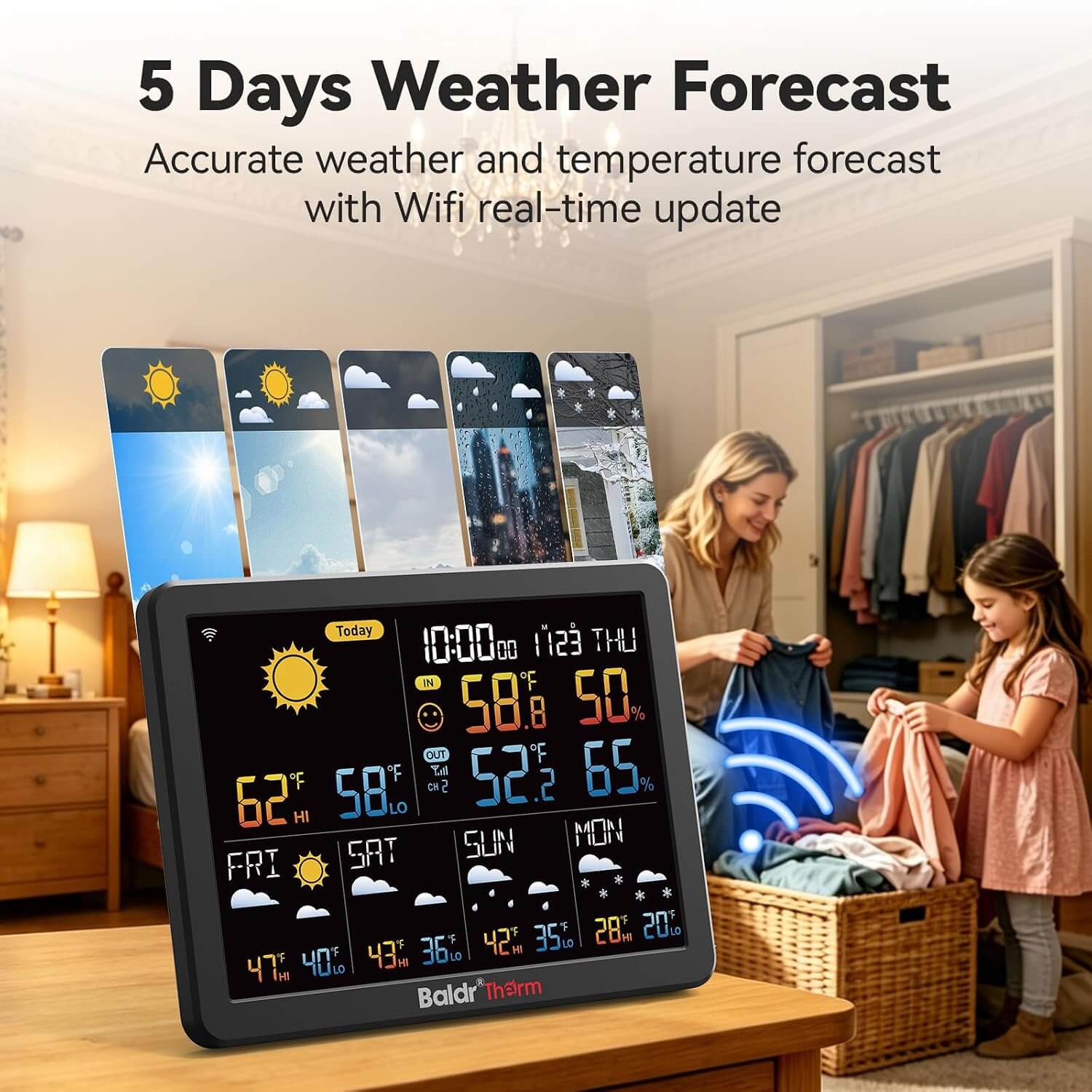 BaldrTherm WiFi Weather Station with 5-Day Forecast, Smart Backlight, Indoor Outdoor Thermometer Hygrometer with Remote App Alerts, 180m Range, 2.2” Large Display for Home, Garden