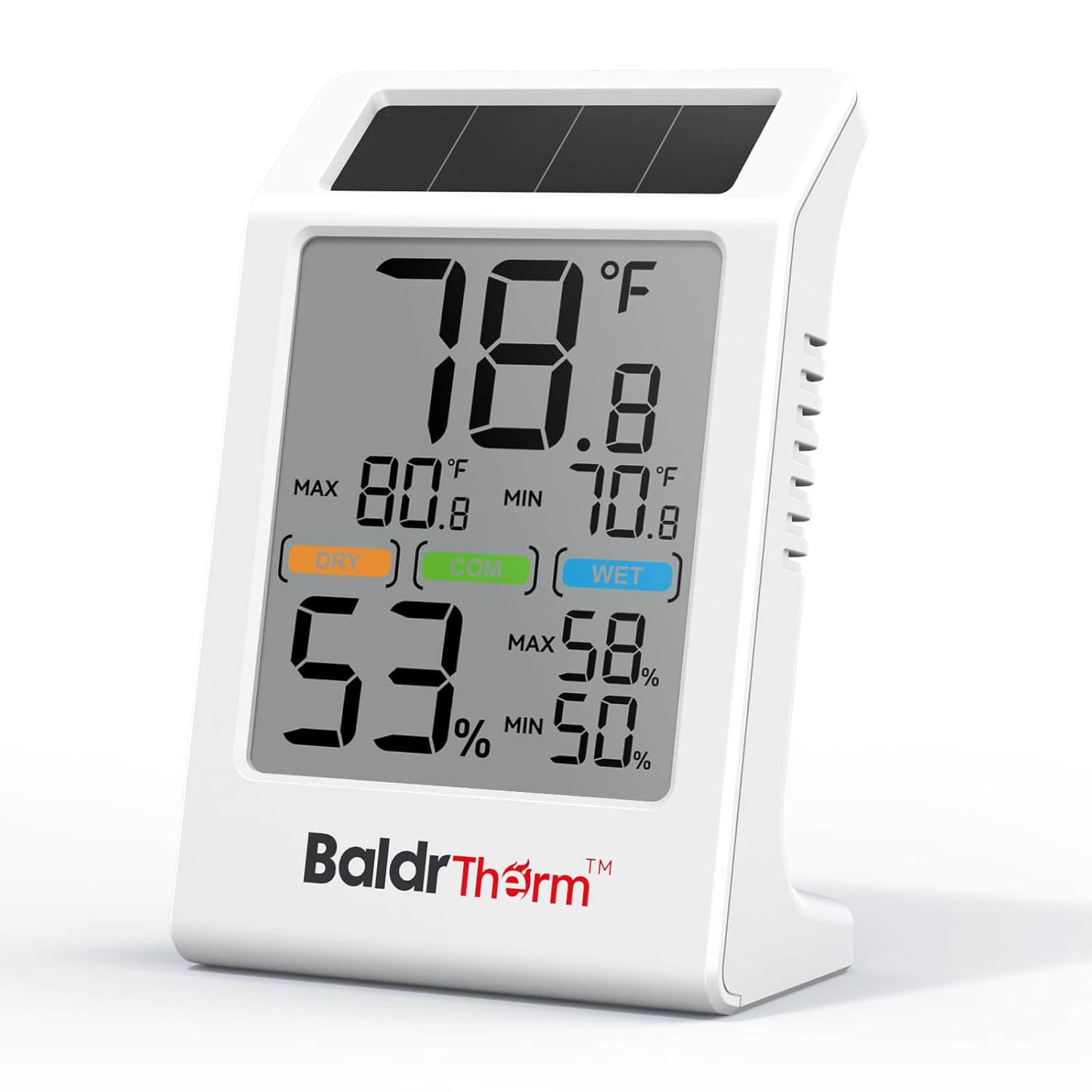 BaldrTherm Room Thermometer Indoor Humidity Meter Solar Powered with Max/Min Memory & Comfort Indicator - 3.2" Large Display for Home, White, 1Pack