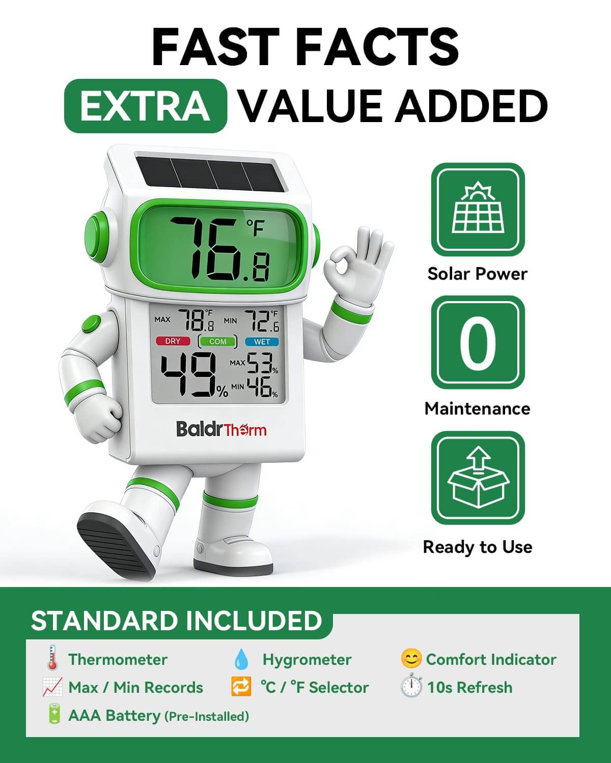 BALDR Solar Indoor Thermometer Hygrometer, Max/Min, Comfort Meter