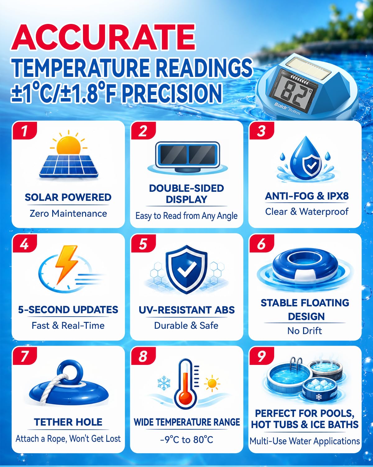 Baldr B0705T Solar Floating Pool Thermometer