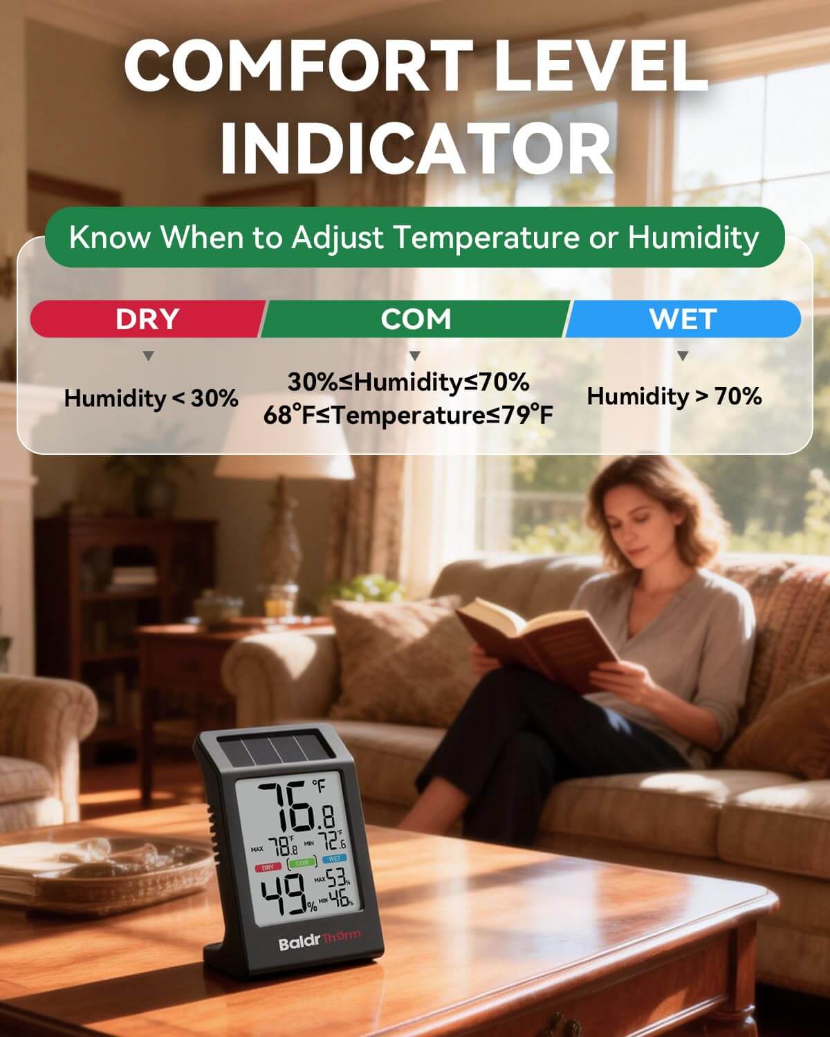 BALDR Solar Indoor Thermometer Hygrometer, Max/Min, Comfort Meter