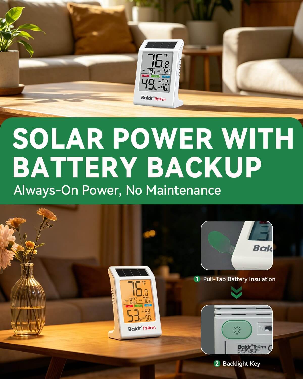 BALDR Solar Indoor Thermometer Humidity Meter No More Battery Changes