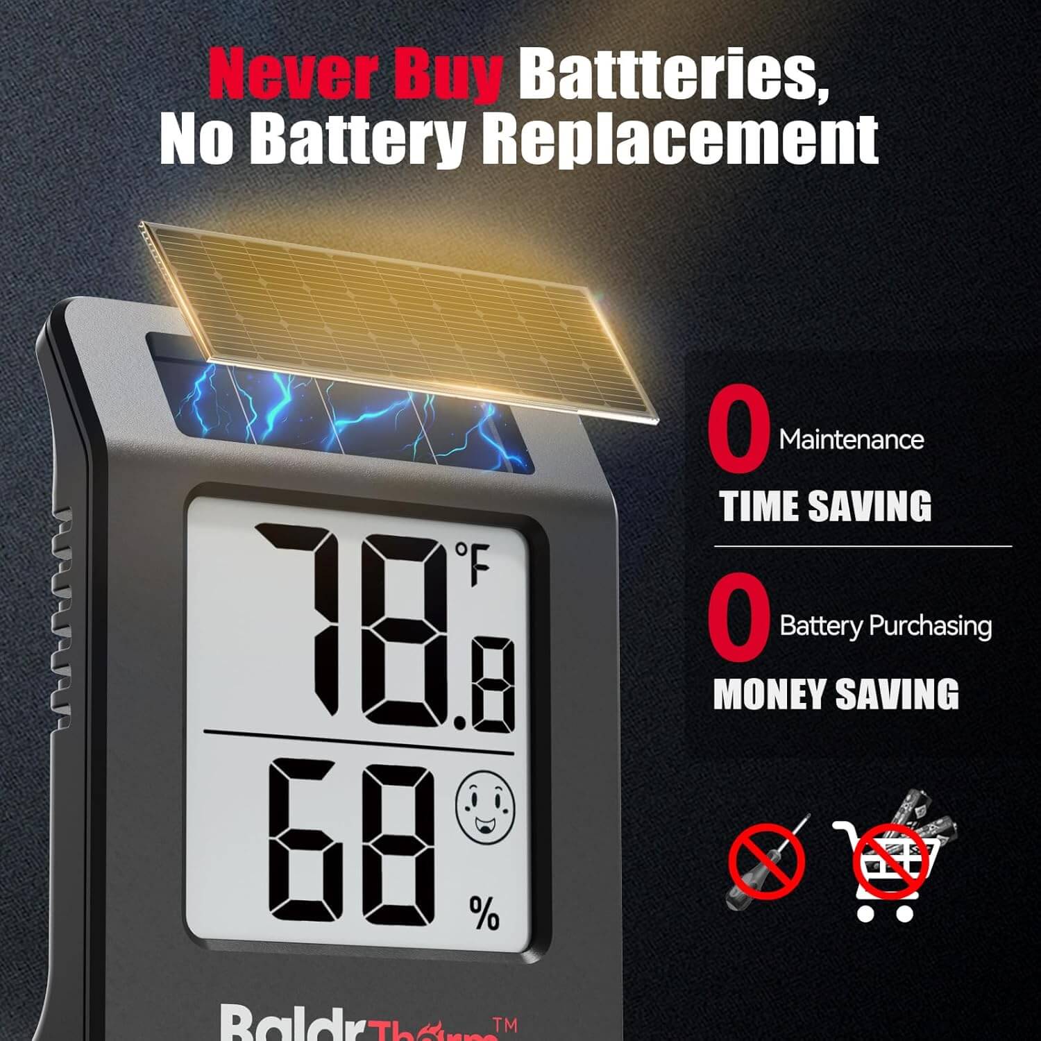 BaldrTherm Humidity Meter Hygrometer, Solar-Powered Room Thermometer 2.2'