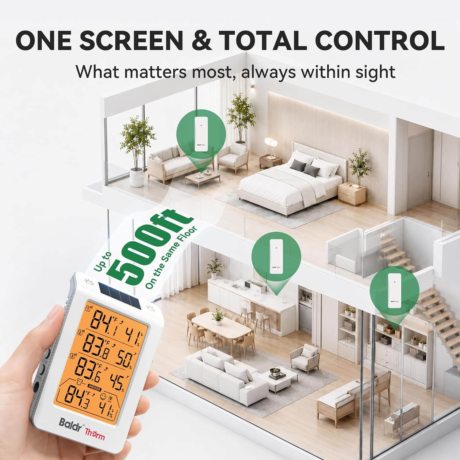 Baldr Wireless Indoor Outdoor Thermometer with 3 Remote Sensors 4.8" LCD