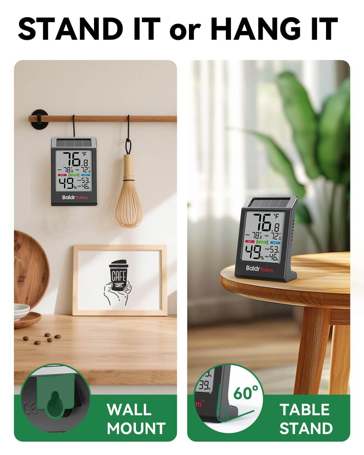 BaldrTherm Indoor Thermometer Hygrometer, Solar Power with Battery Backup, Large Display, Daily Max/Min & Comfort Indicator Humidity Meter(Black)