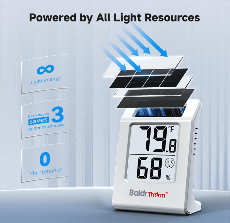 BaldrTherm Hygrometer – Solar-Powered Room Thermometer 2.2"