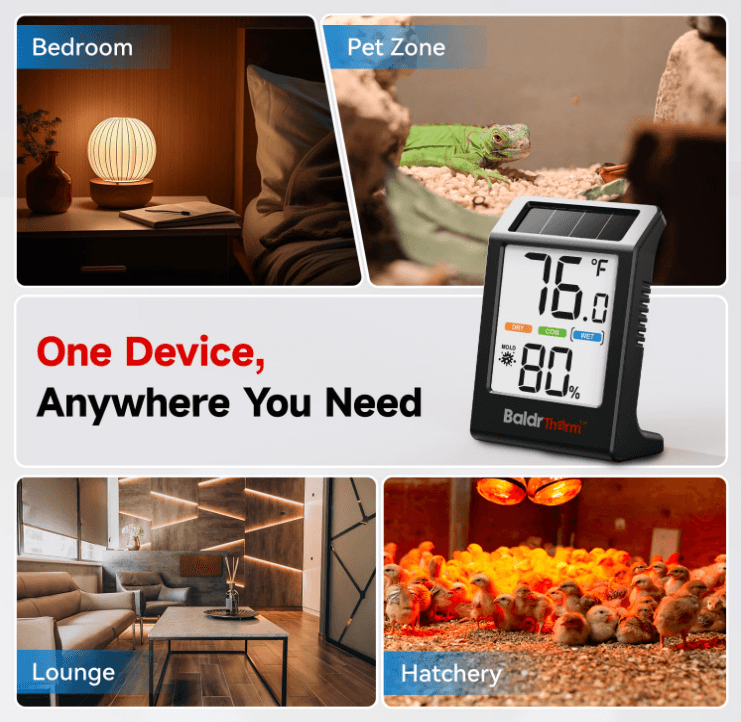 BaldrTherm Humidity Meter Hygrometer, Solar-Powered Room Thermometer 3.2, 3Pack