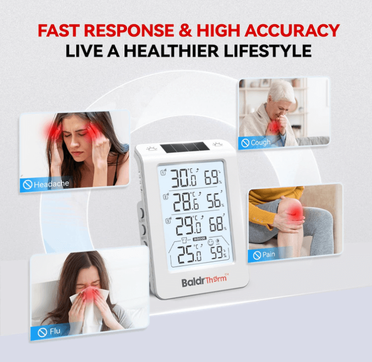 BaldrTherm Solar Outdoor Thermometer, Wireless Temperature & Humidity Monitor