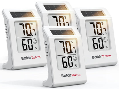 BaldrTherm 4-Pack Digital Hygrometer Thermometer, Solar Power with Battery Backup Temperature and Humidity Monitor, Mini Room Thermometer with Comfort Indicator (White)