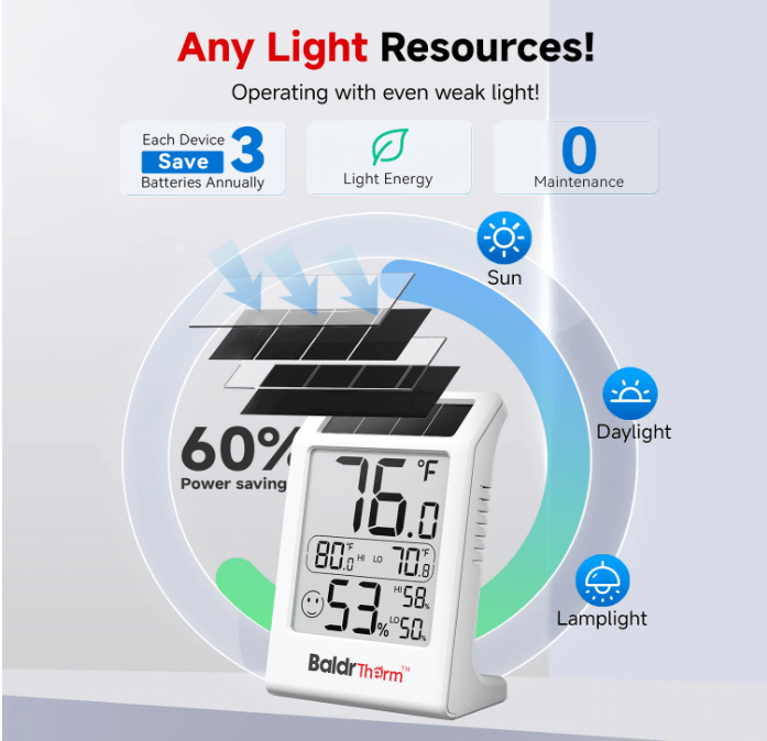BaldrTherm Humidity Meter Hygrometer – 3-Pack Solar Room Thermometer