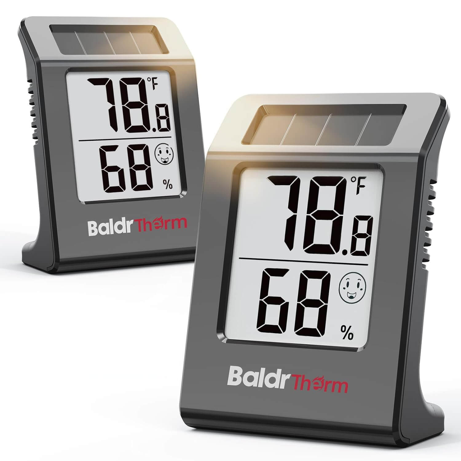 BaldrTherm 2-Pack Digital Hygrometer Thermometer, Solar Power with Battery Backup Temperature and Humidity Monitor, Mini Room Thermometer with Comfort Indicator (Black)