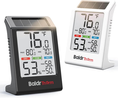 BaldrTherm Thermometer Hygrometer, Solar Powered Indoor Temperature and Humidity Monitor with Battery Backup, Improved LCD Display, Max/Min Records, Comfort Indicator, Black and White