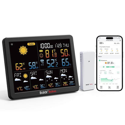 BaldrTherm WiFi Weather Station with 5-Day Forecast, Smart Backlight, Indoor Outdoor Thermometer Hygrometer with Remote App Alerts, 180m Range, 2.2” Large Display for Home, Garden