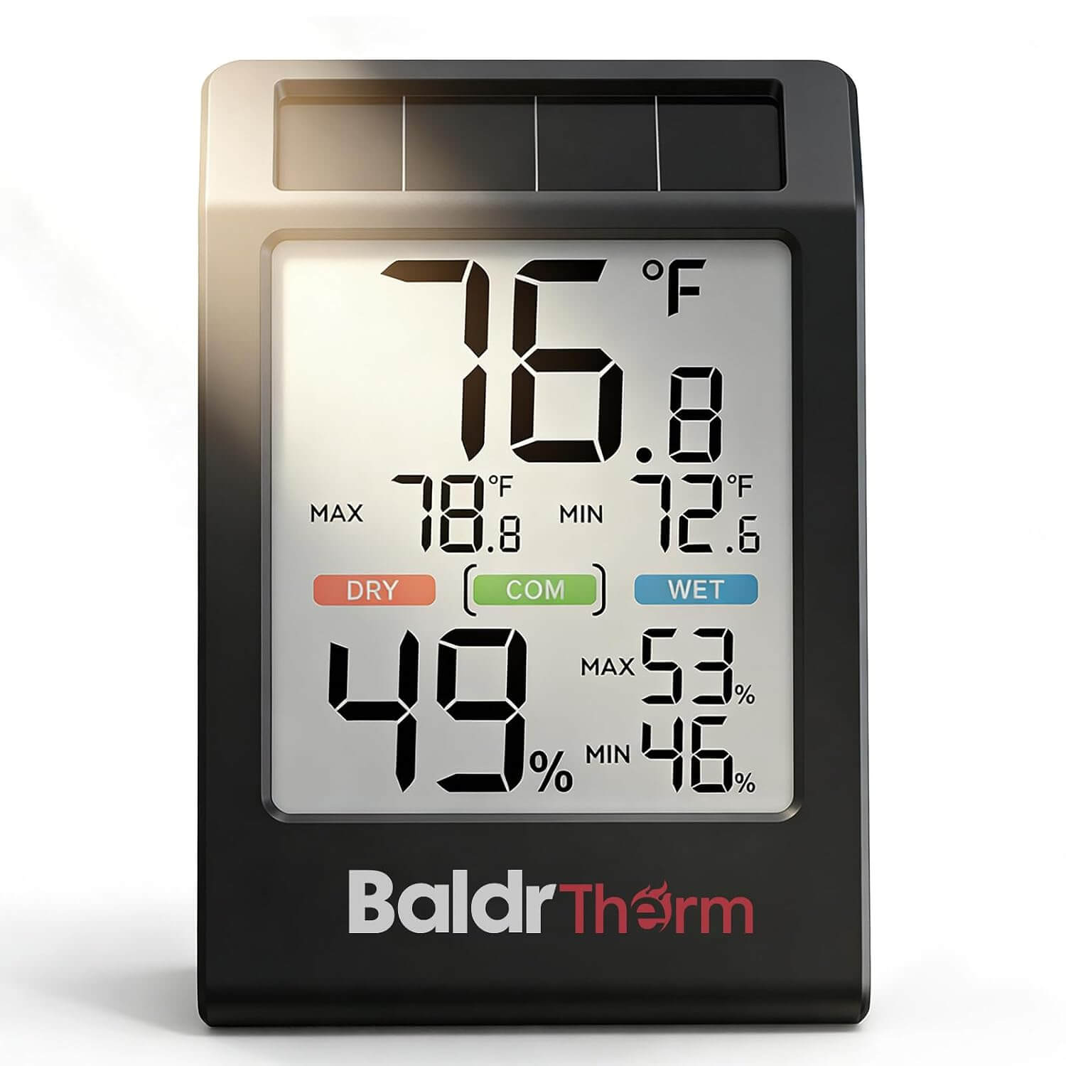 BaldrTherm Indoor Thermometer Hygrometer, Solar Power with Battery Backup, Large Display, Daily Max/Min & Comfort Indicator Humidity Meter（Black）
