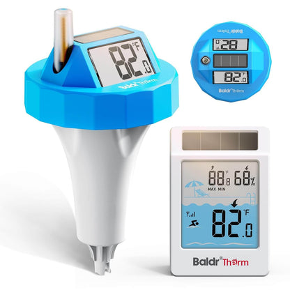 BaldrTherm Wireless Pool Thermometer Floating Easy Read, 2026 Upgrade Solar Powered Water Temperature Gauge with Indoor Display, IPX8 Waterproof 500FT Monitior Range for Pools,Hot Tubs,Spas, Baths, Blue