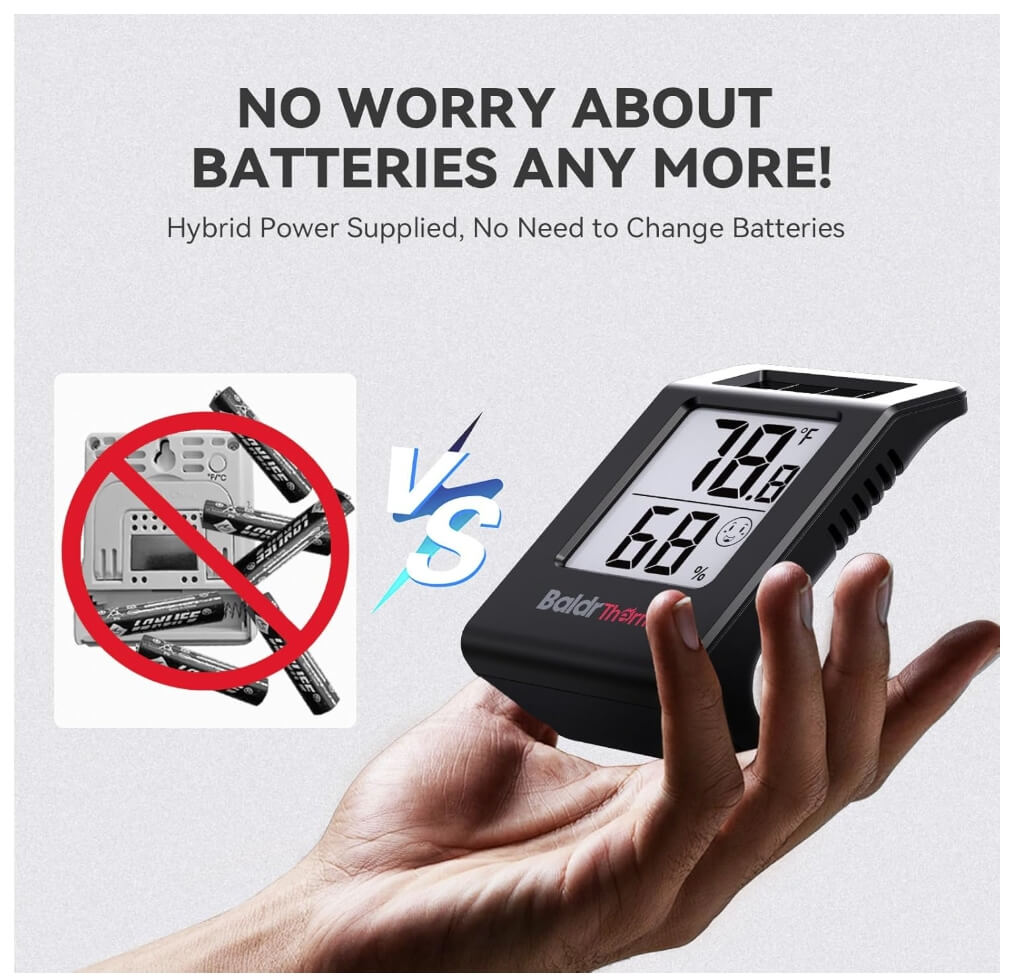 BaldrTherm Humidity Meter Hygrometer, Solar-Powered Room Thermometer 2.2',1Pack, Black