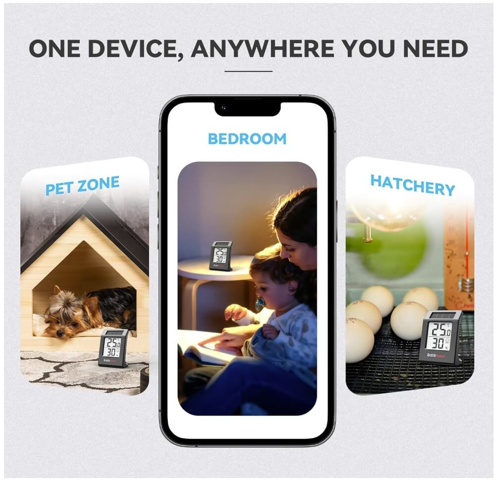 BaldrTherm Humidity Meter Hygrometer, Solar-Powered Room Thermometer 2.2',1Pack, Black