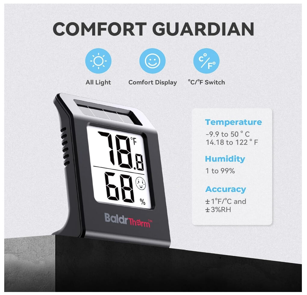 BaldrTherm Humidity Meter Hygrometer, Solar-Powered Room Thermometer 2.2',1Pack, Black