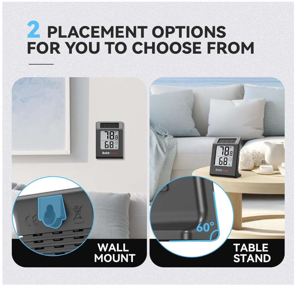 BaldrTherm Humidity Meter Hygrometer, Solar-Powered Room Thermometer 2.2',1Pack, Black