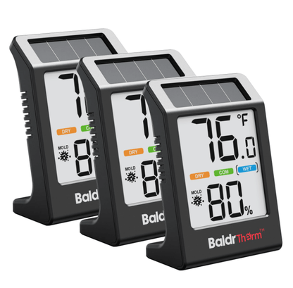 BaldrTherm Humidity Meter Hygrometer, Solar-Powered Room Thermometer 3.2, 3Pack