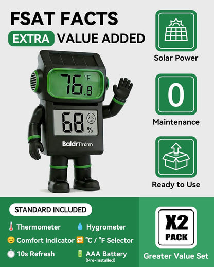 BaldrTherm 2-Pack Digital Hygrometer Thermometer, Solar Power with Battery Backup Temperature and Humidity Monitor, Mini Room Thermometer with Comfort Indicator (Black)