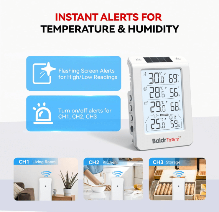BaldrTherm Solar Outdoor Thermometer, Wireless Temperature & Humidity Monitor