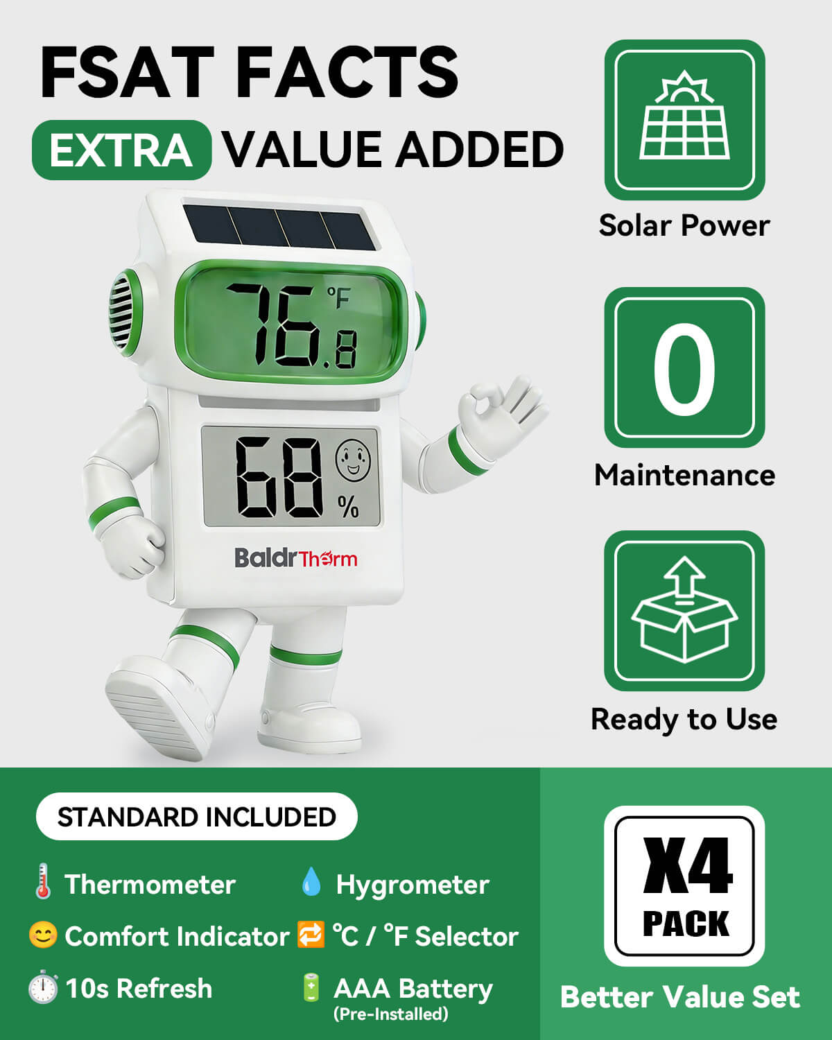 BALDR Digital Hygrometer Thermometer, Solar Humidity Monitor (White)