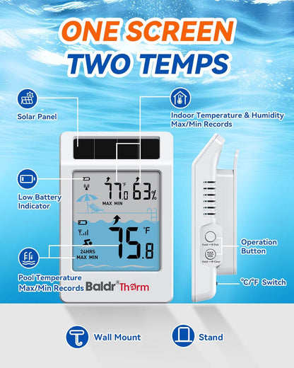 BaldrTherm Wireless Pool Thermometer Floating Easy Read, 2026 Upgrade Solar Powered Water Temperature Gauge with Indoor Display, IPX8 Waterproof 500FT Monitior Range for Pools,Hot Tubs,Spas, Baths, Blue