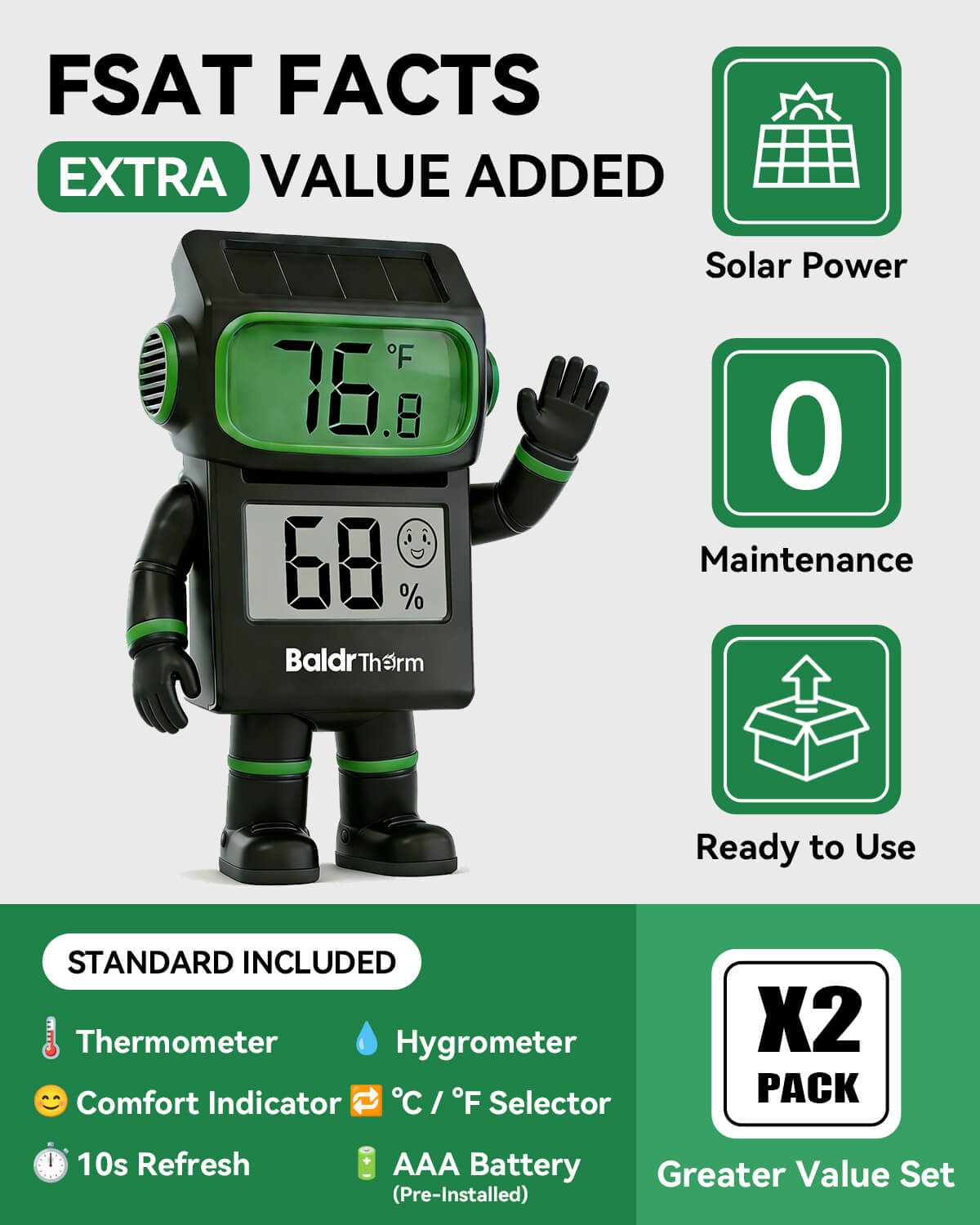 BALDR Digital Hygrometer Thermometer, Solar Humidity Monitor(Black)
