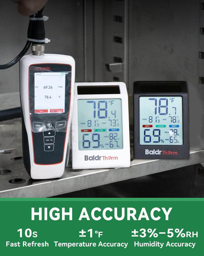 BaldrTherm Thermometer Hygrometer, Solar Powered Indoor Temperature and Humidity Monitor with Battery Backup, Improved LCD Display, Max/Min Records, Comfort Indicator, Black and White