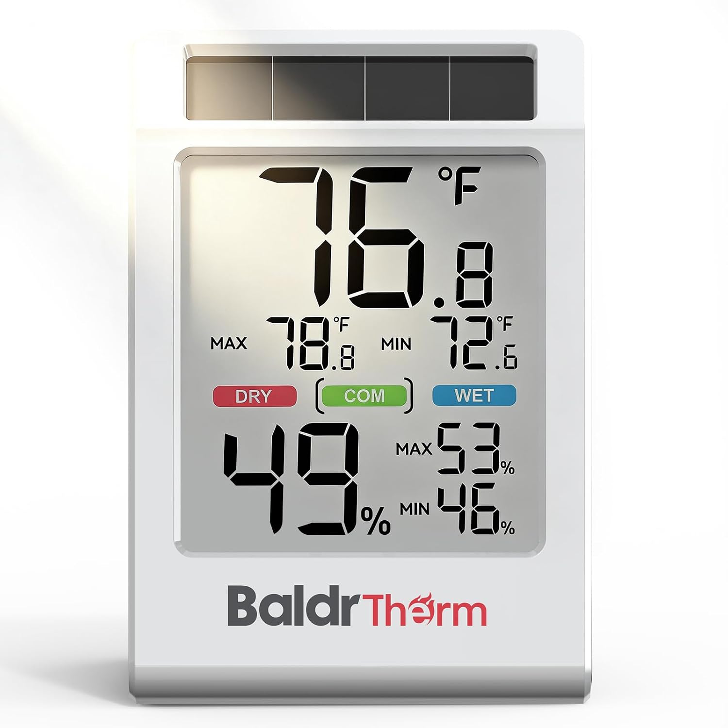 BALDR Solar Indoor Thermometer Hygrometer, Max/Min, Comfort Meter
