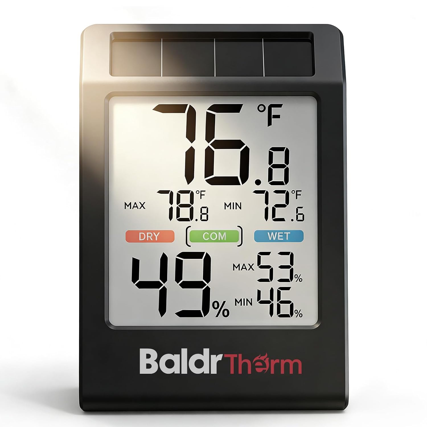 BALDR Solar Indoor Thermometer Hygrometer, Max/Min, Comfort Meter