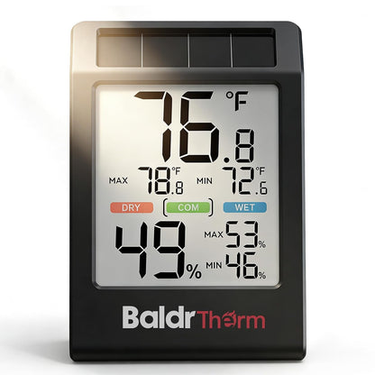 BALDR Solar Indoor Thermometer Hygrometer, Max/Min, Comfort Meter