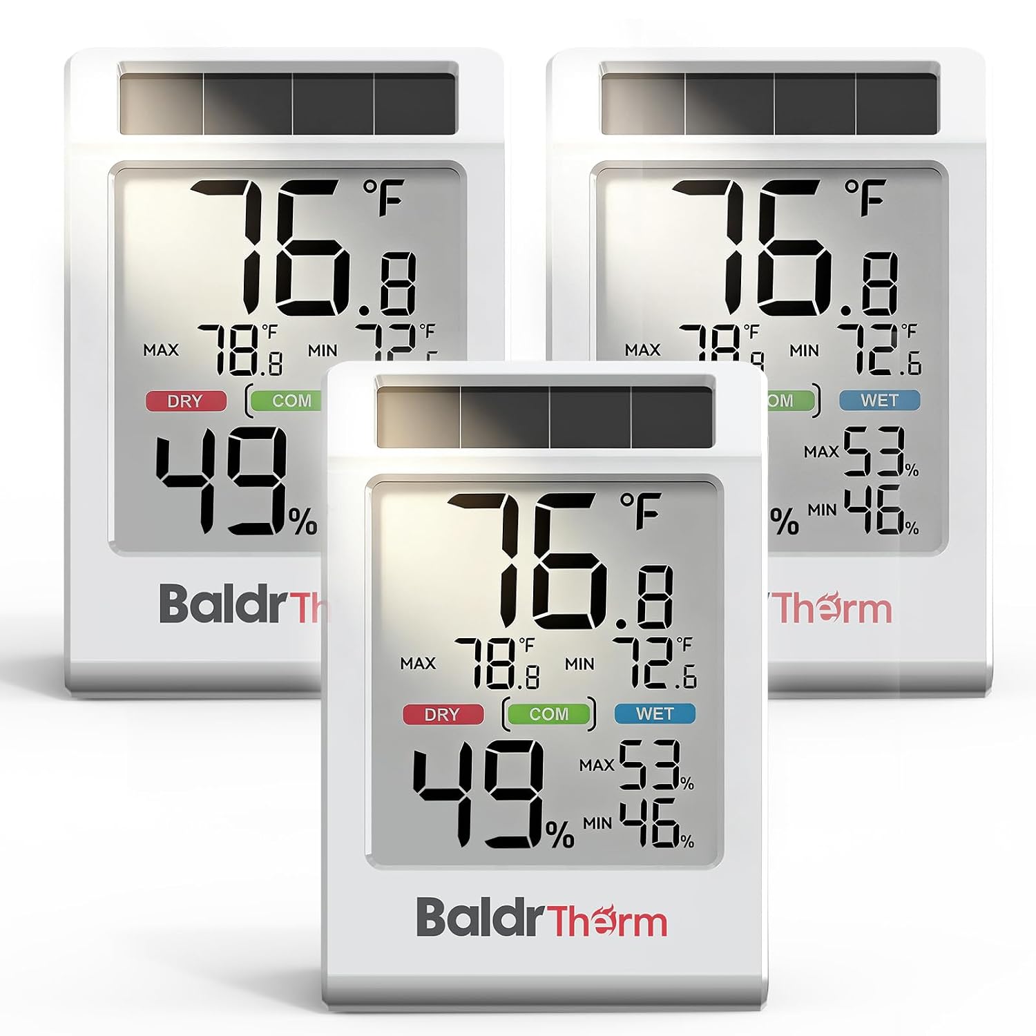 BALDR Solar Indoor Thermometer Hygrometer, Max/Min, Comfort Meter