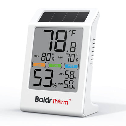 BaldrTherm Room Thermometer Indoor Humidity Meter Solar Powered with Max/Min Memory & Comfort Indicator - 3.2" Large Display for Home, White, 1Pack