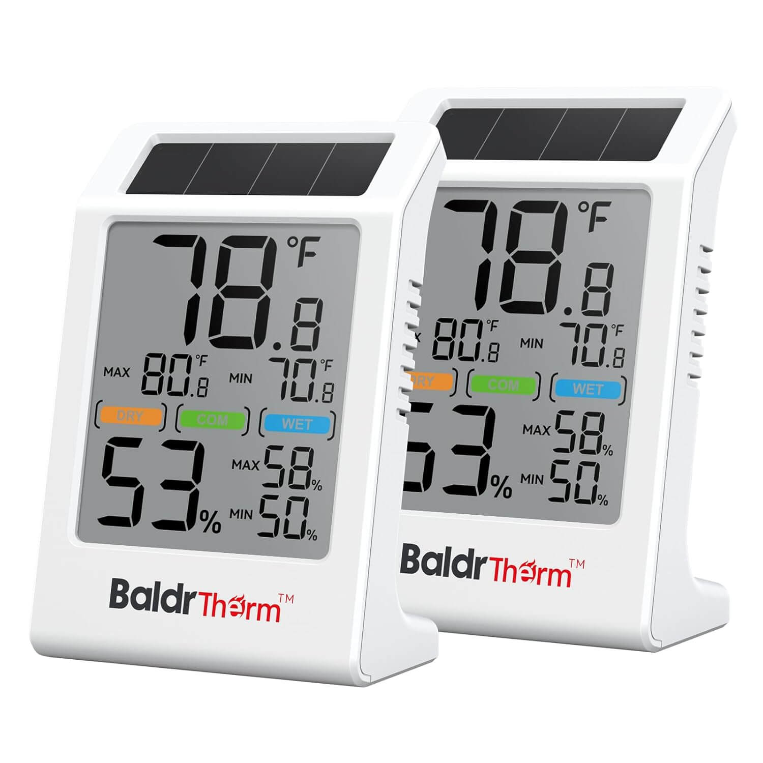 BaldrTherm Room Thermometer Indoor Humidity Meter Solar Powered with Max/Min Memory & Comfort Indicator - 3.2" Large Display for Home, White, 2Pack