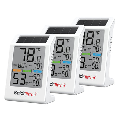 BaldrTherm Room Thermometer Indoor Humidity Meter Solar Powered with Max/Min Memory & Comfort Indicator - 3.2" Large Display for Home, White, 3Pack
