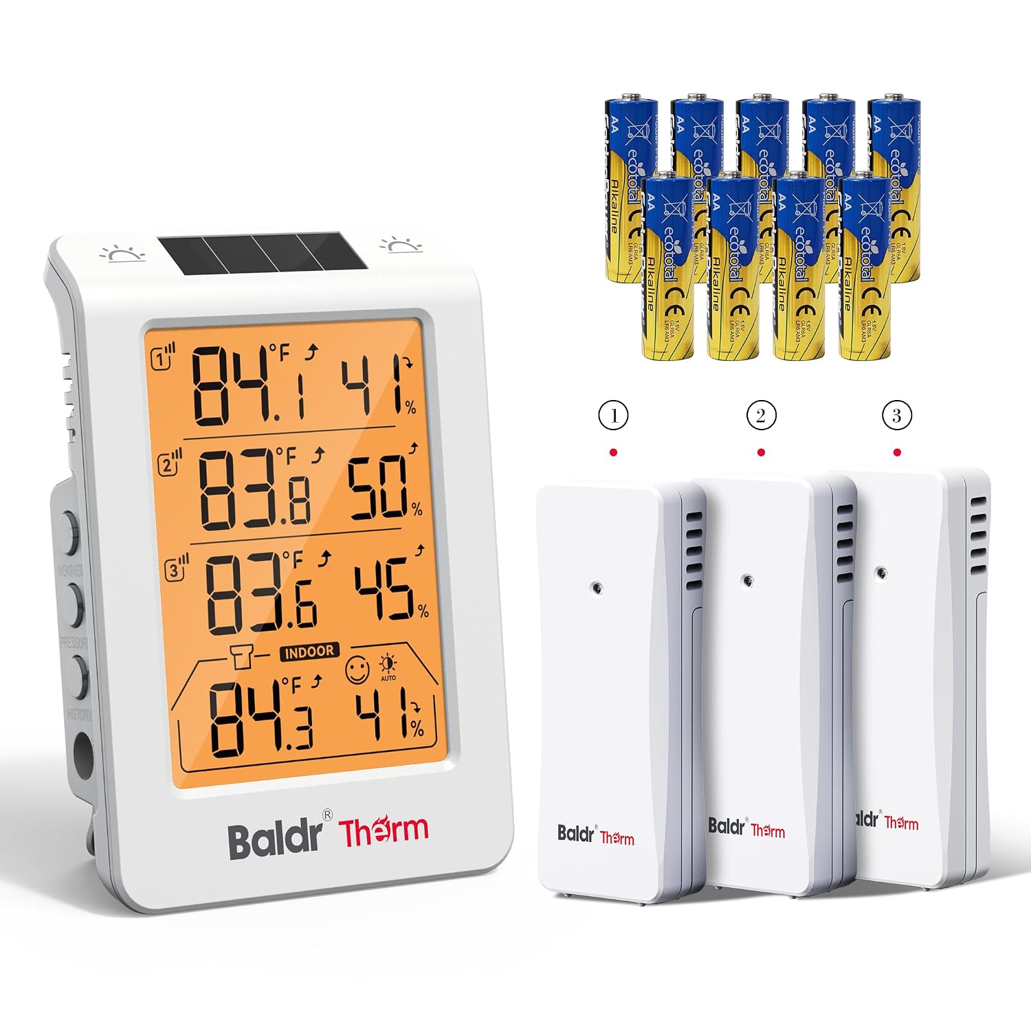 Baldr Wireless Indoor Outdoor Thermometer with 3 Remote Sensors 4.8" LCD
