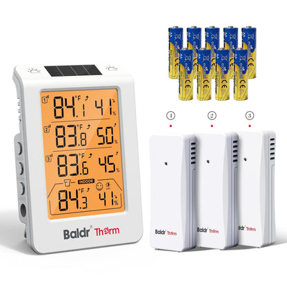 Baldr Wireless Indoor Outdoor Thermometer with 3 Remote Sensors 4.8" LCD