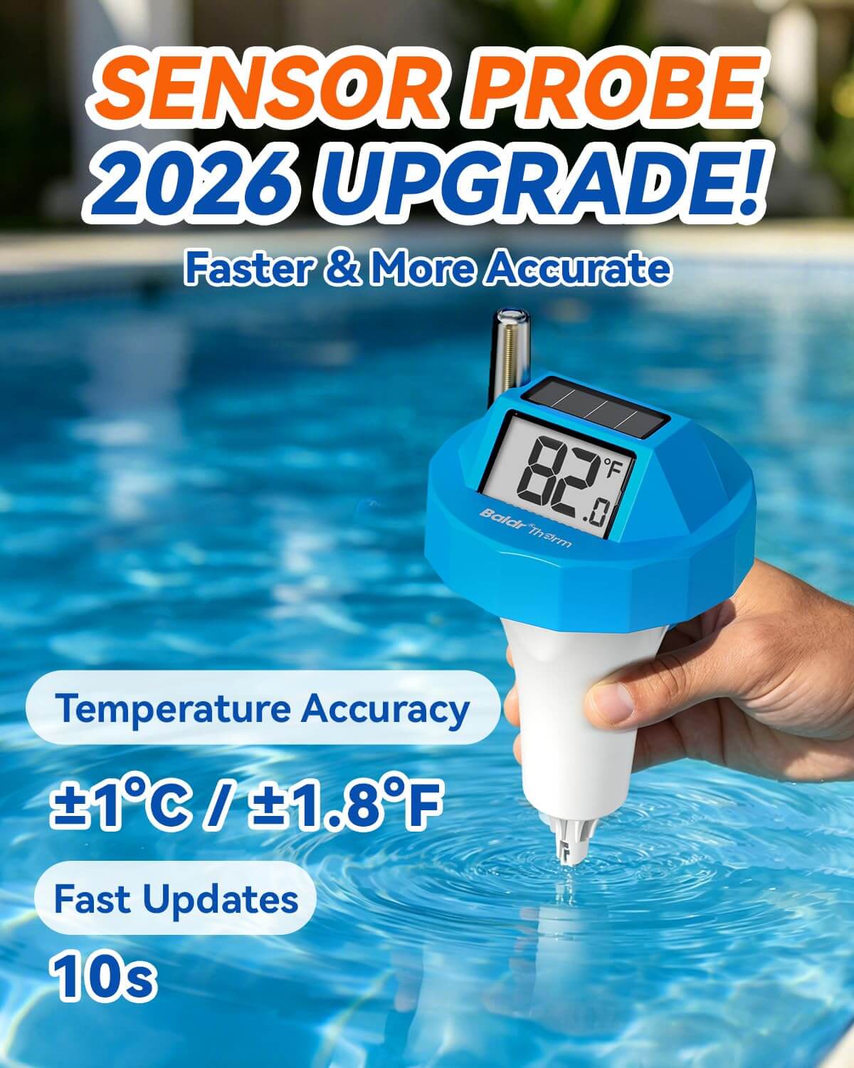 BaldrTherm Wireless Pool Thermometer Floating Easy Read, 2026 Upgrade Solar Powered Water Temperature Gauge with Indoor Display, IPX8 Waterproof 500FT Monitior Range for Pools,Hot Tubs,Spas, Baths, Blue