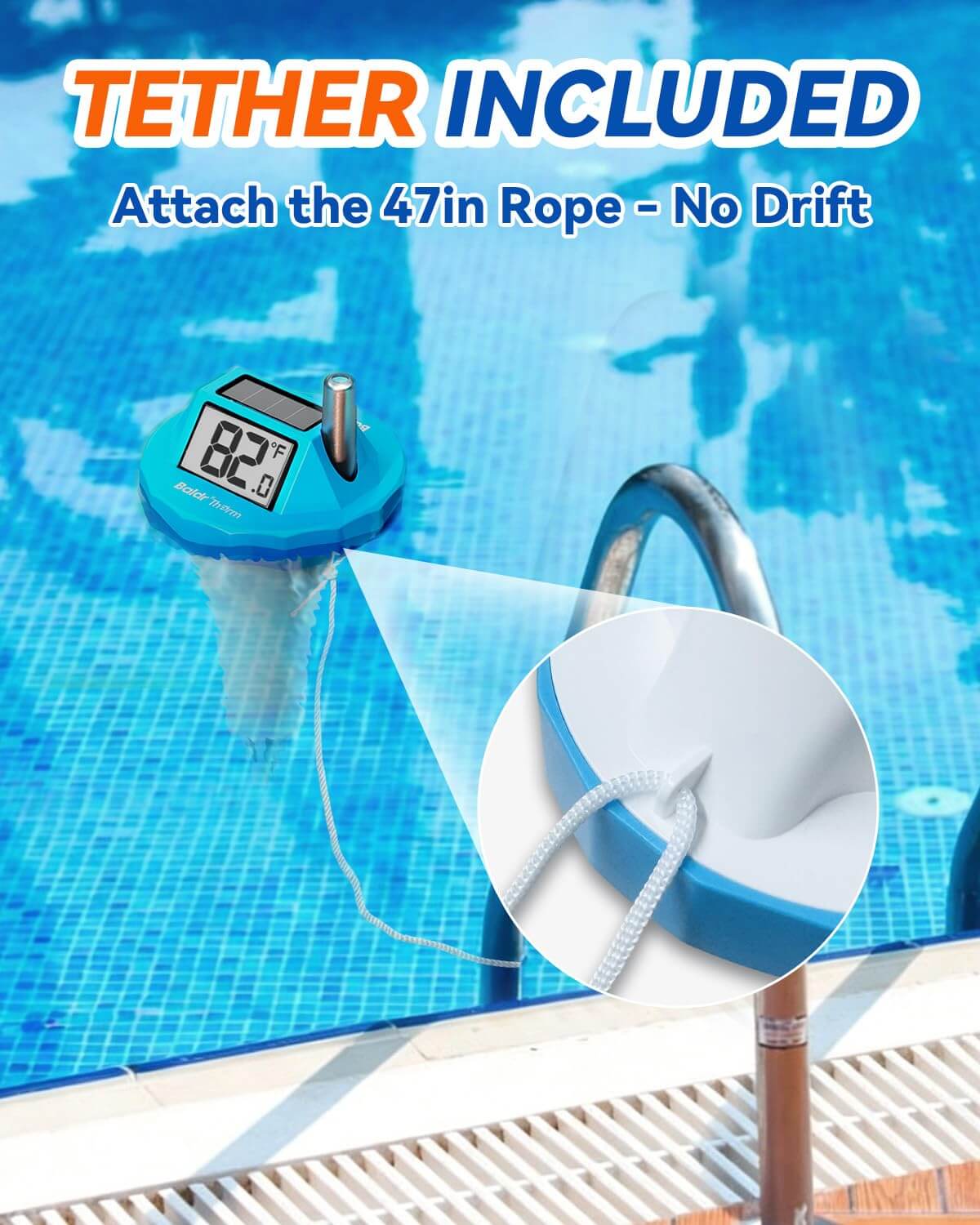 BaldrTherm Wireless Pool Thermometer Floating Easy Read, 2026 Upgrade Solar Powered Water Temperature Gauge with Indoor Display, IPX8 Waterproof 500FT Monitior Range for Pools,Hot Tubs,Spas, Baths, Blue