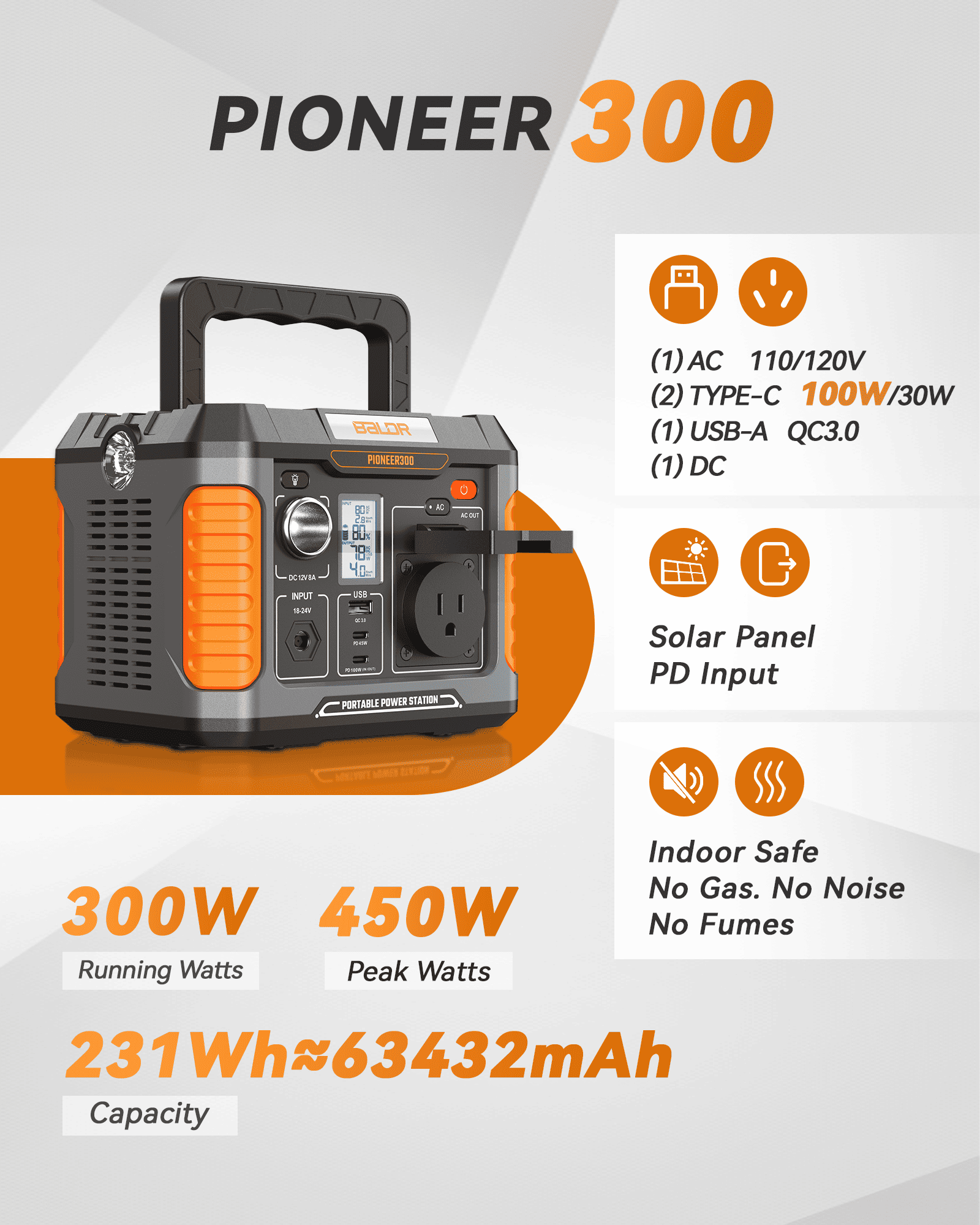 BALDR 300W Solar Generator with 60W Panel - Camping & Emergency Power