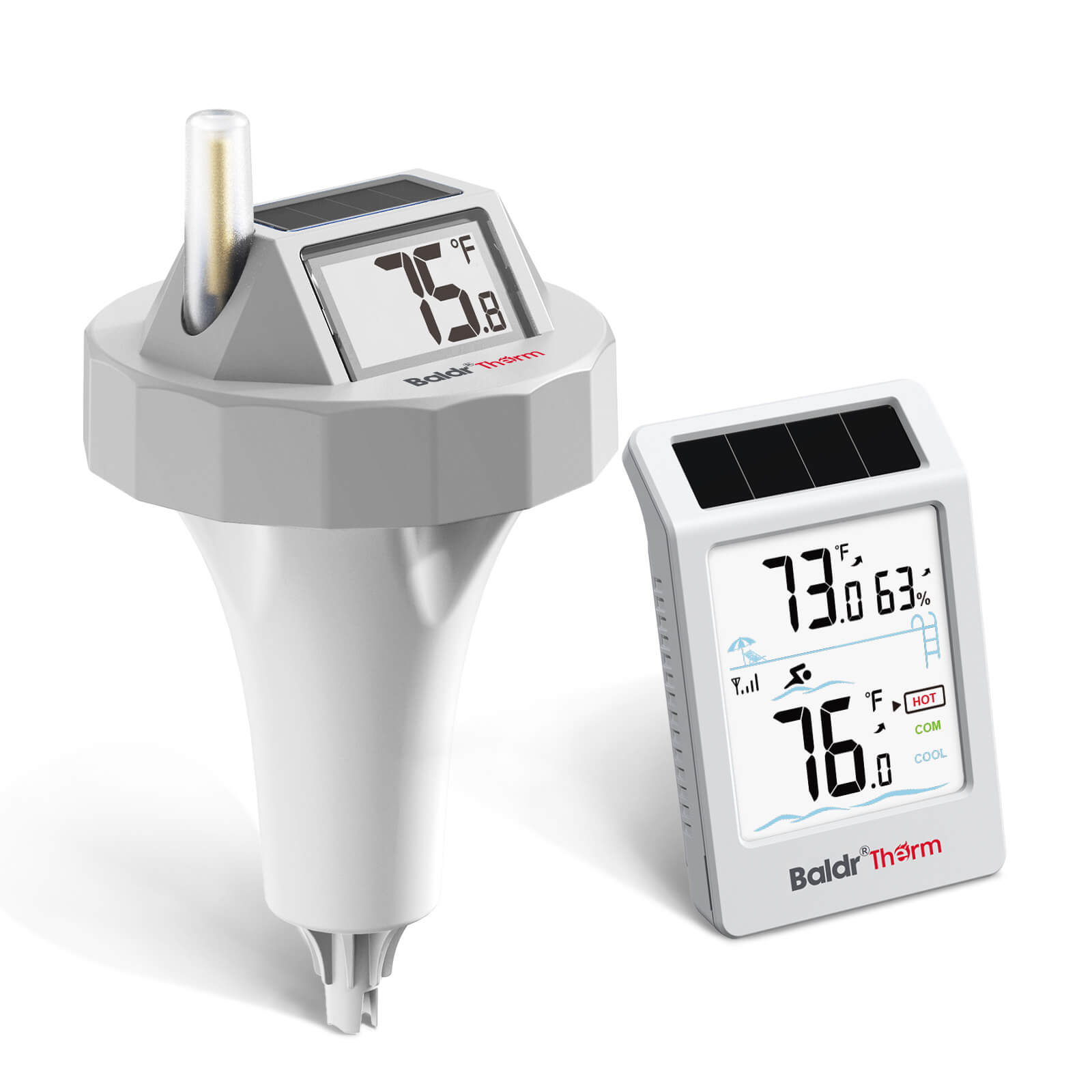 BaldrTherm Wireless Pool Thermometer Floating Easy Read, 2026 Upgrade Solar Powered Water Temperature Gauge with Indoor Display, IPX8 Waterproof 500FT Monitior Range for Pools,Hot Tubs,Spas, Baths, Gray