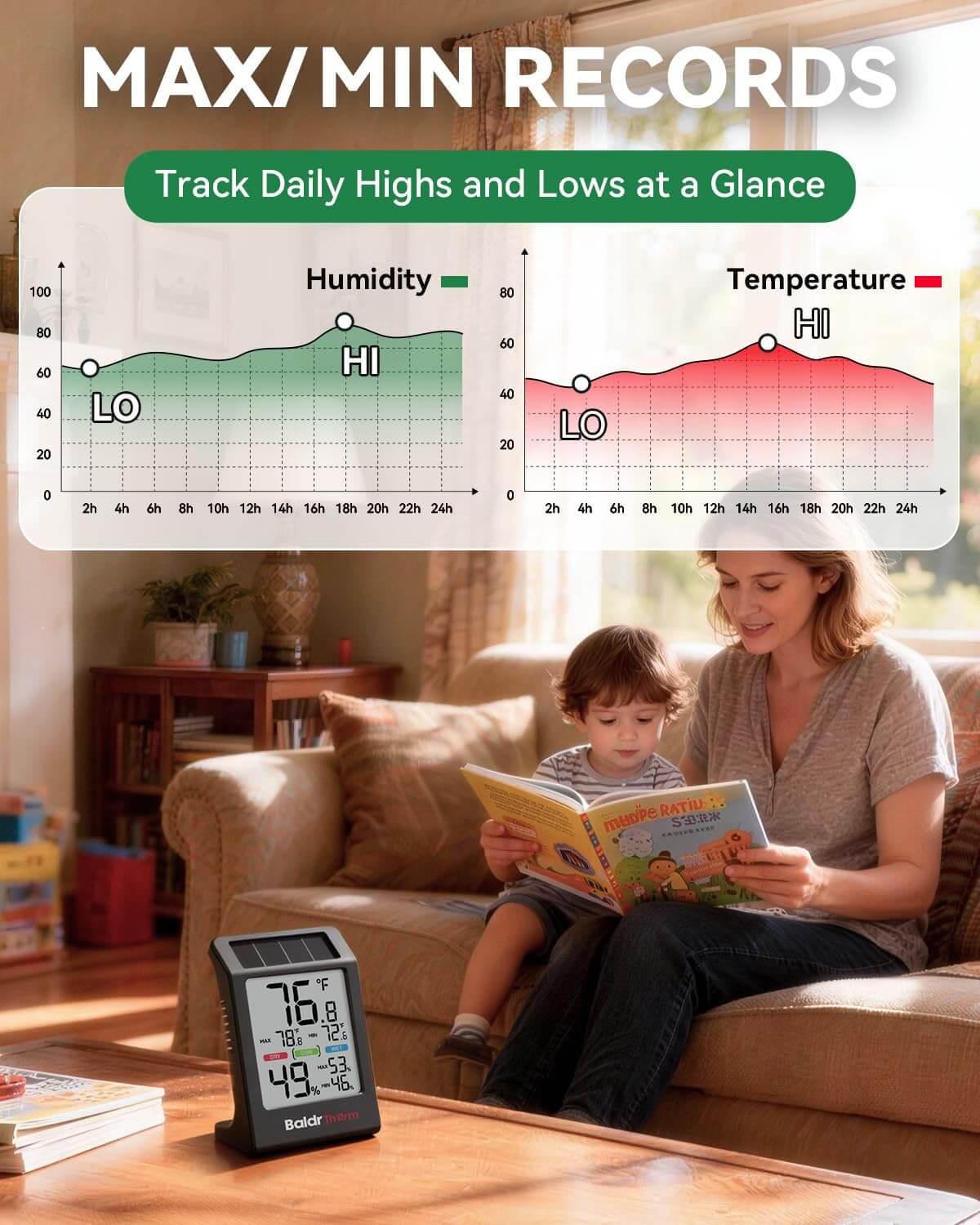 BALDR Solar Indoor Thermometer Hygrometer, Max/Min, Comfort Meter