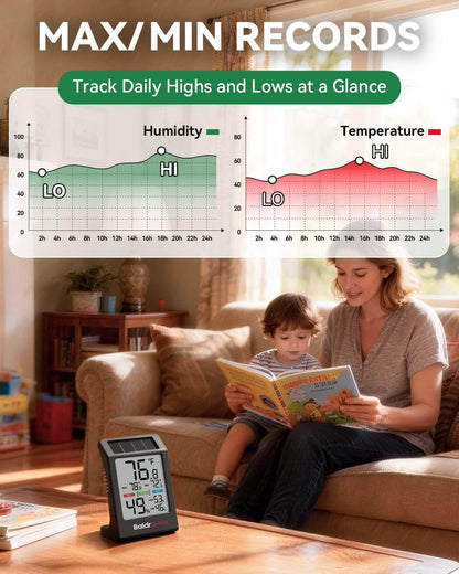 BALDR Solar Indoor Thermometer Hygrometer, Max/Min, Comfort Meter