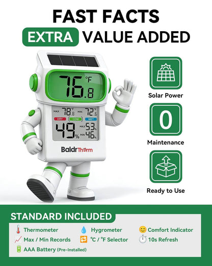 BALDR Solar Indoor Thermometer Hygrometer, Max/Min, Comfort Meter