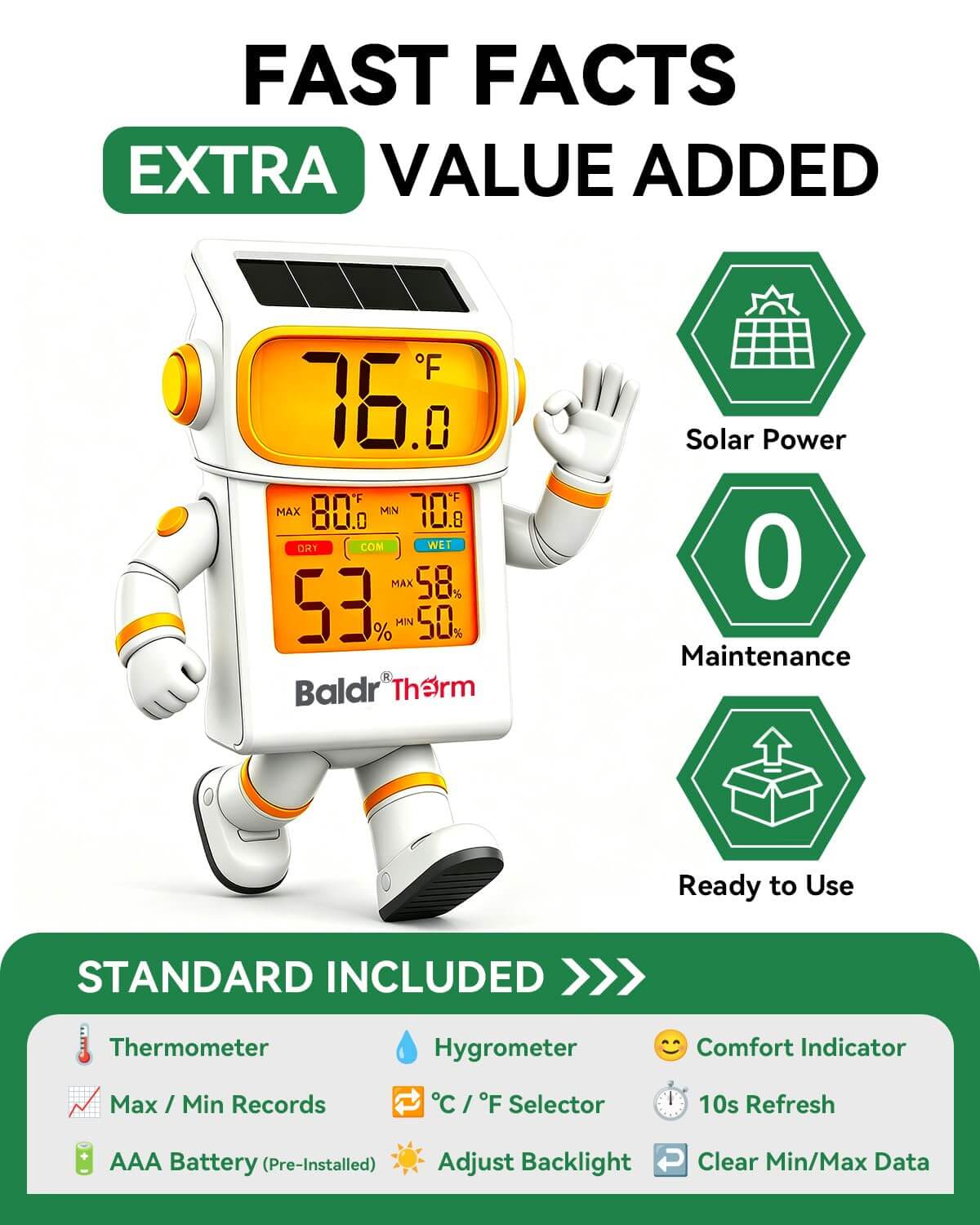 BALDR Solar Indoor Thermometer Humidity Meter No More Battery Changes