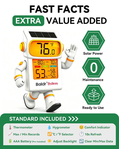 BALDR Solar Indoor Thermometer Humidity Meter No More Battery Changes